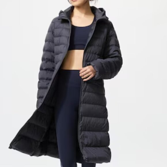 UNIQLO ULTRA STRETCH LIGHT DOWN LONG COAT PUFFER JACKET HOODED GRAY sz M - Picture 1 of 8
